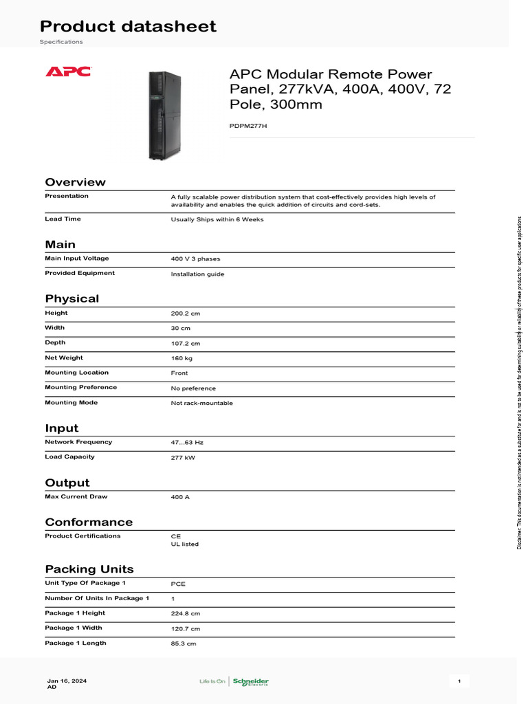 APC Modular Remote Power Panel 277kVA | PDF | Electric Power | Electricity