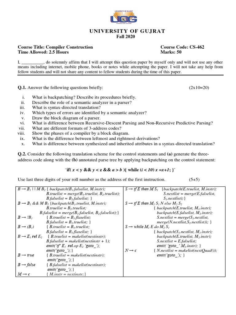 CS-462 Compiler Construction Exam | PDF | Parsing | Software