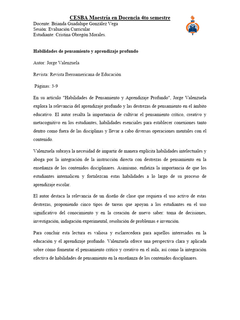 Habilidades de Pensamiento y Aprendizaje Profundo | PDF