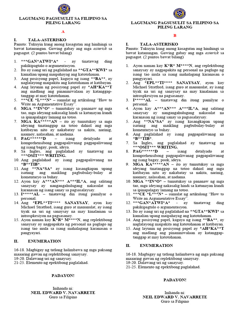 LAGUMANG PAGSUSULIT SA FILIPINO SA PILING LARANG2nd Quarter1st PDF