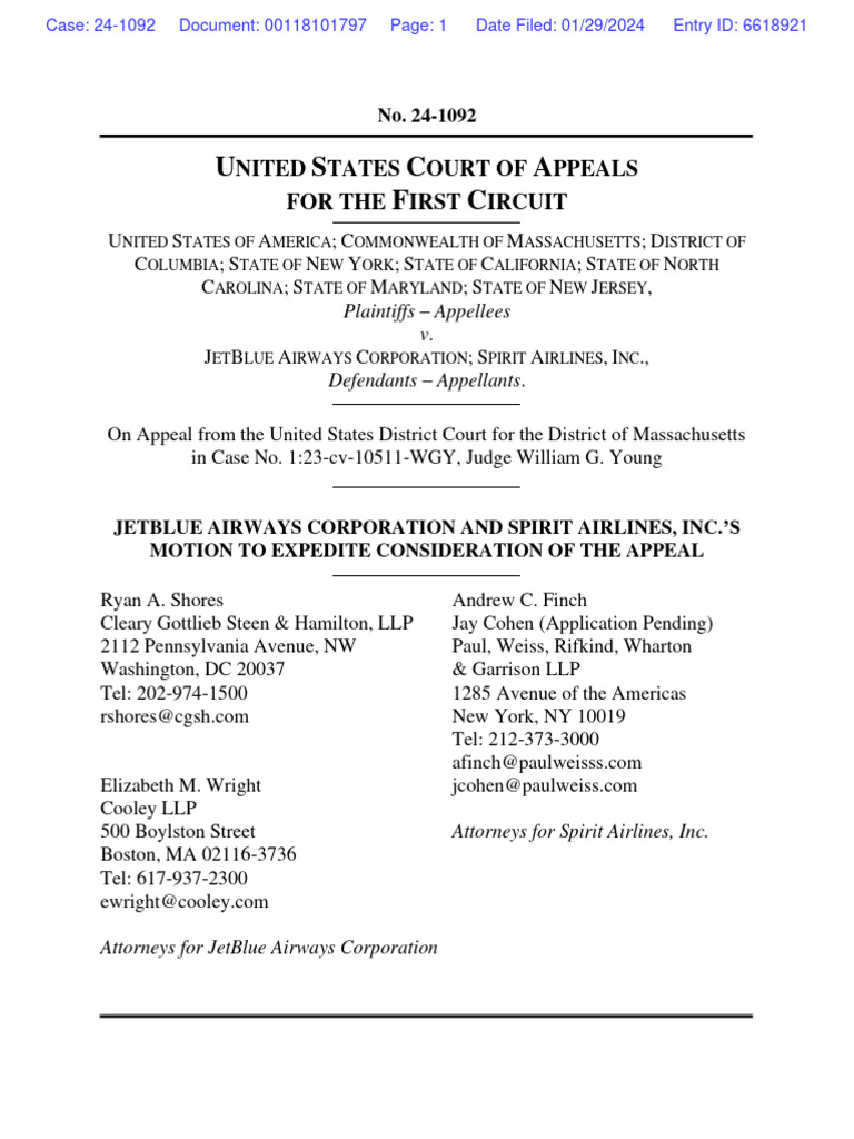 JetBlue and Spirit Airlines Appeal Motion | PDF | Brief (Law) | Appeal