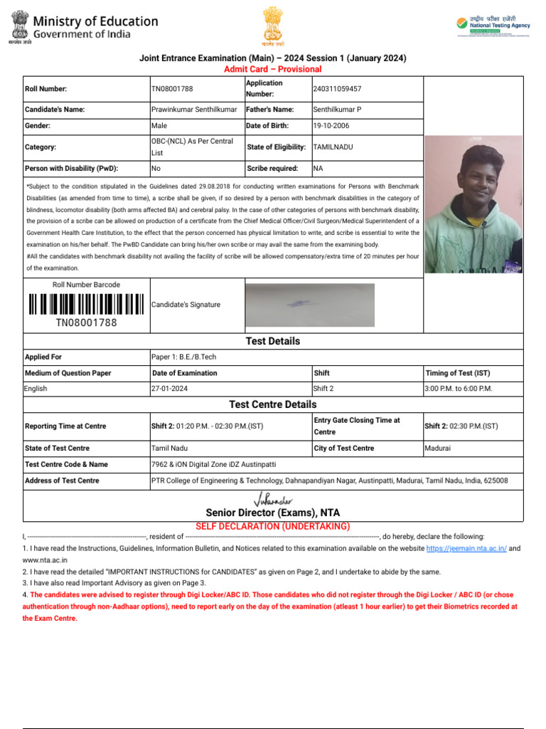 JEE Main 2024 Admit Card Instructions | PDF | Identity Document