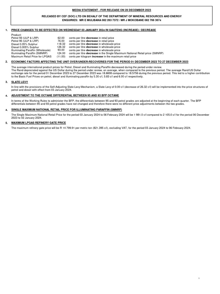 Fuel Price Adjustments for January 2024 | PDF | Gasoline | Diesel Fuel