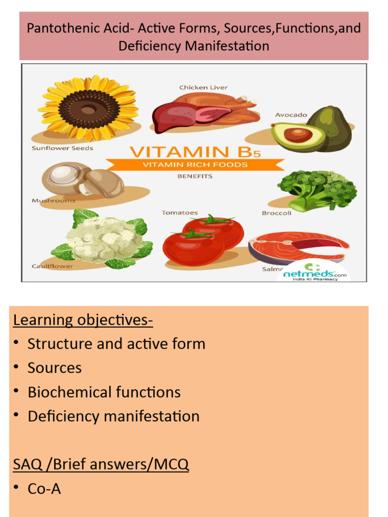 Pantothenic Acid- Active Forms, Sources,Functions,And Deficiency