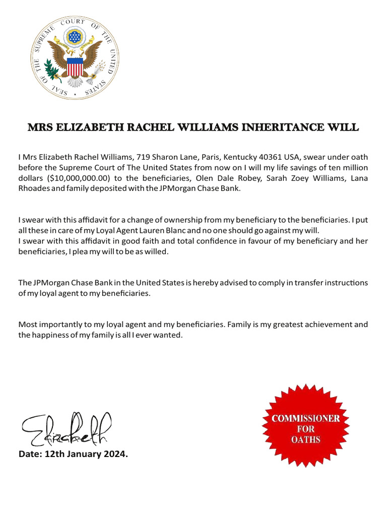 Elizabeth Williams Inheritance Approval | PDF | Politics | Law