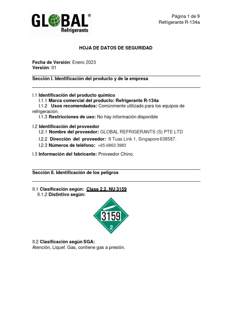 SDS Global R134a Ecologico | PDF