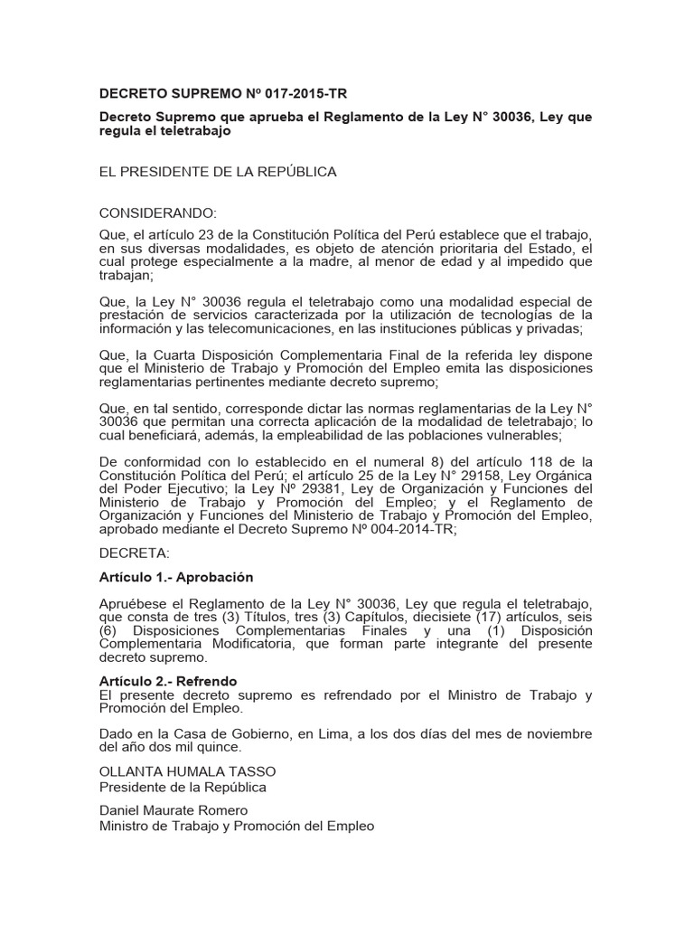 Reglamento de la Ley 30036 sobre Teletrabajo | PDF | Derecho laboral ...