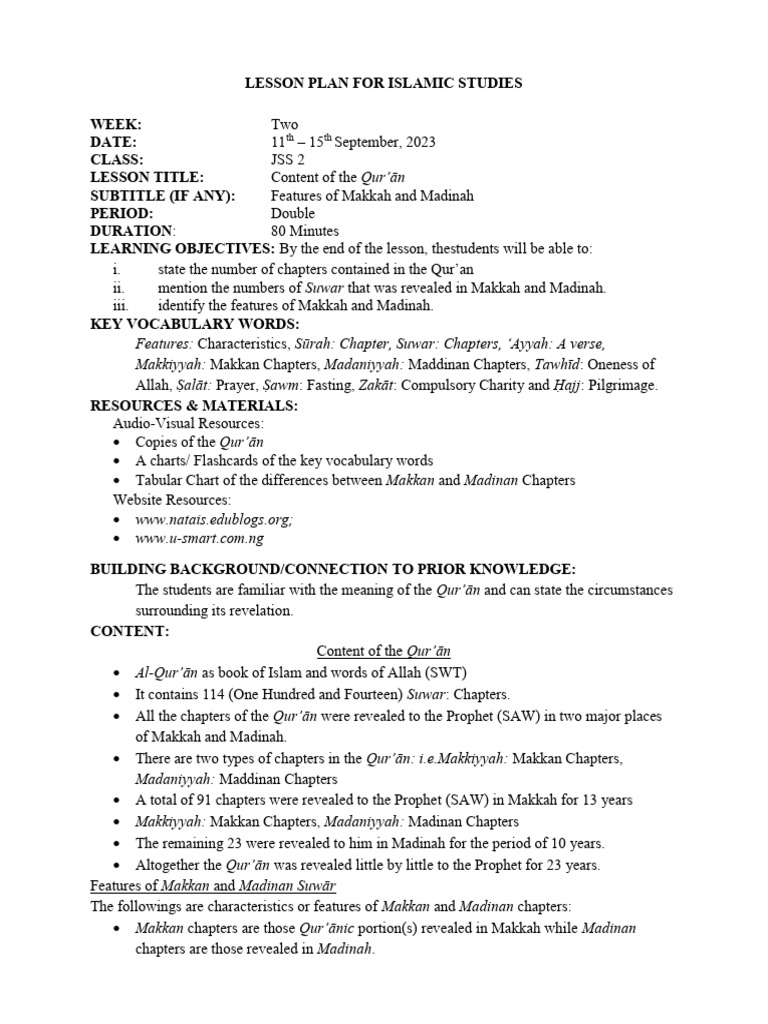 JSS2 Islamic Studies Lesson Plan: Qur'an Content | PDF | Medina | Mecca