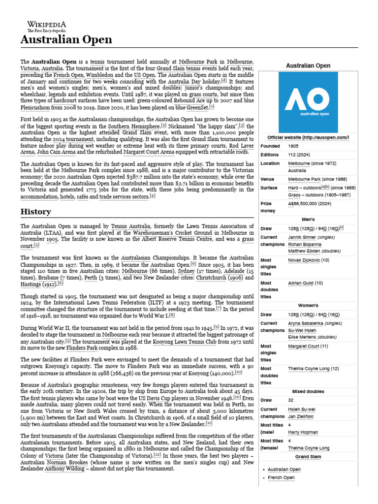 Australian Open: History and Overview | PDF | Individual Sports ...
