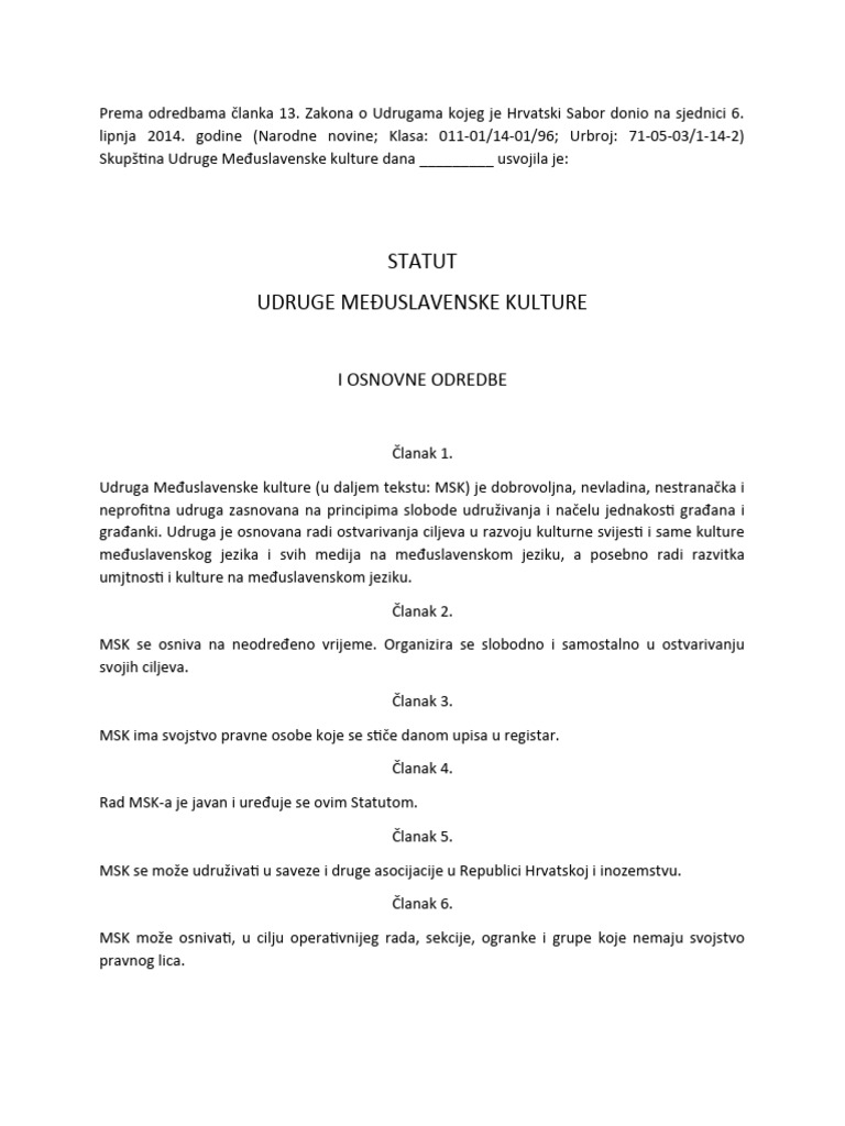 Nacrt Statuta MSK - Hrvatski | PDF