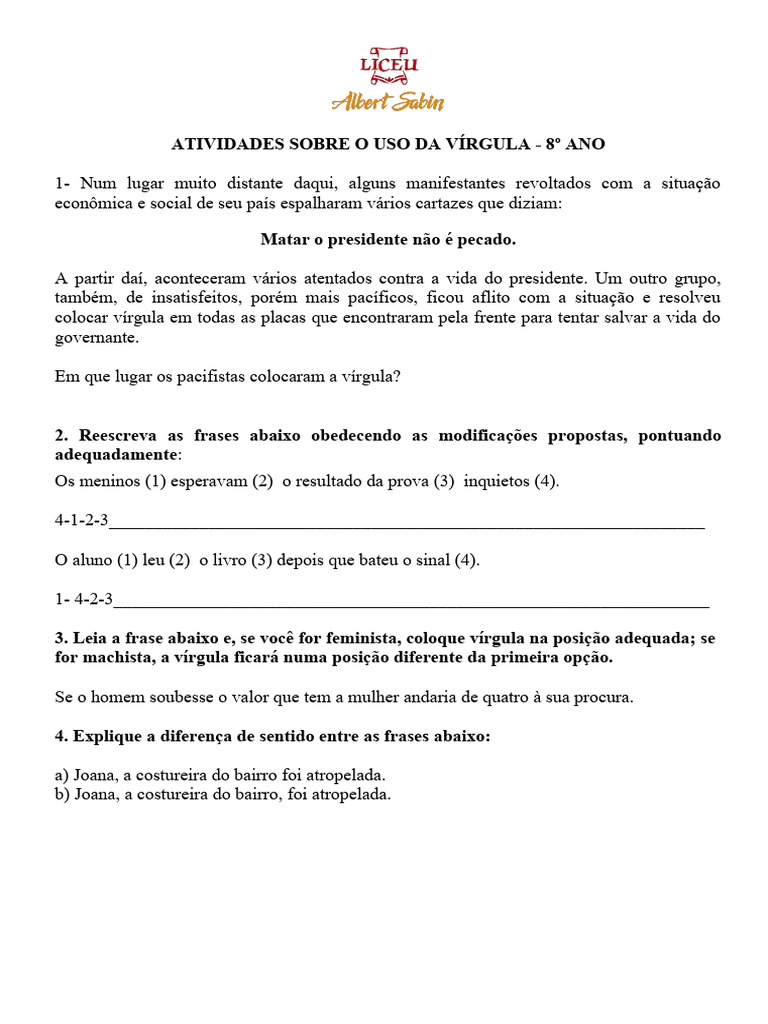 Atividades de Uso da Vírgula - 8º Ano | PDF