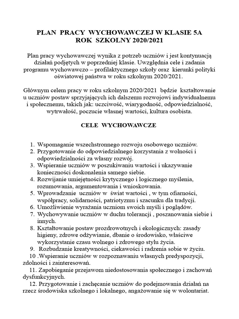 Plan Pracy Szkoły Podstawowej Plan Pracy Wychowawcy Klasa 5 | PDF