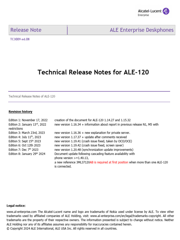 TC3009en-Ed08 Technical Release Note For ALE-120 | PDF | Web Server ...