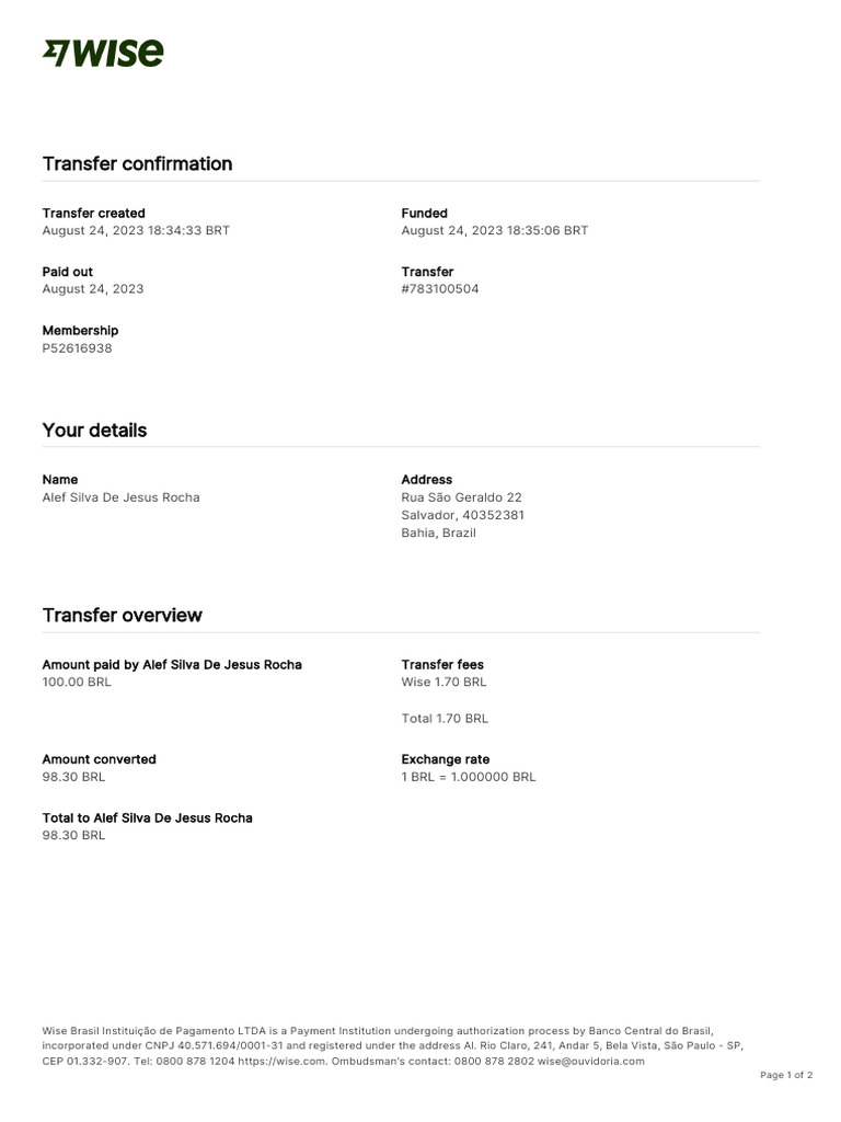 Wise Transaction Invoice Transfer 783100504 1571626308 PT | PDF ...