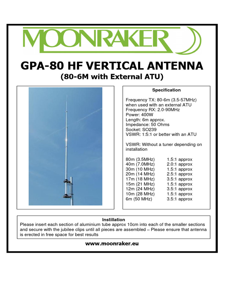 Moonraker GPA-80 HF Vertical Antenna | PDF