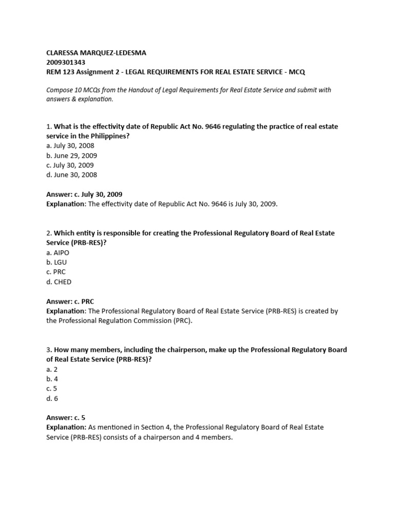 REM123 Assignment 2 LEGAL REQUIREMENTS FOR REAL ESTATE SERVICE MCQ