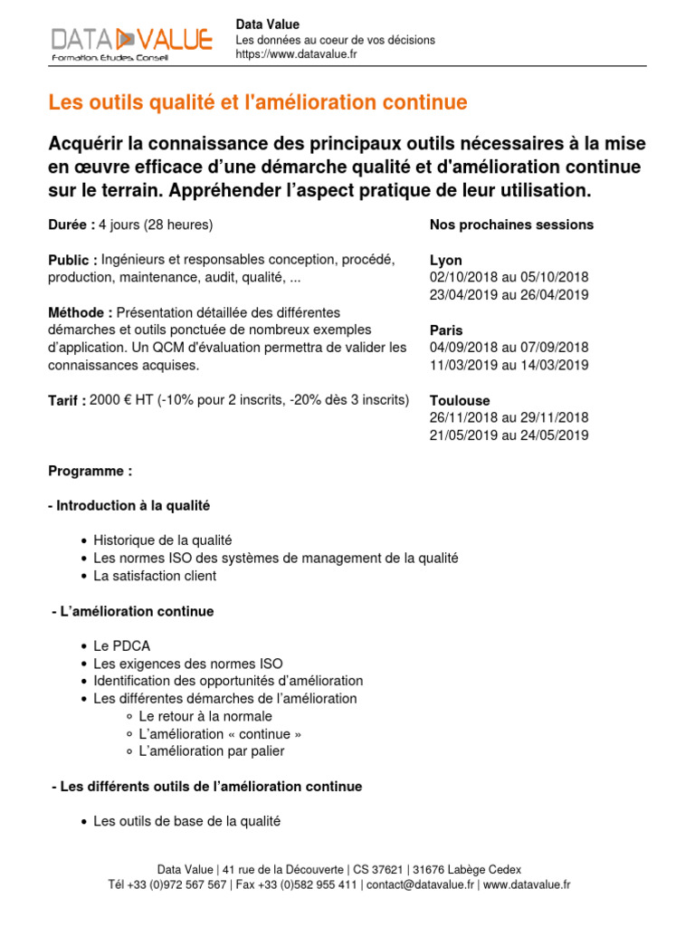 Formation Outils de Qualité et Amélioration | PDF | Management de la ...