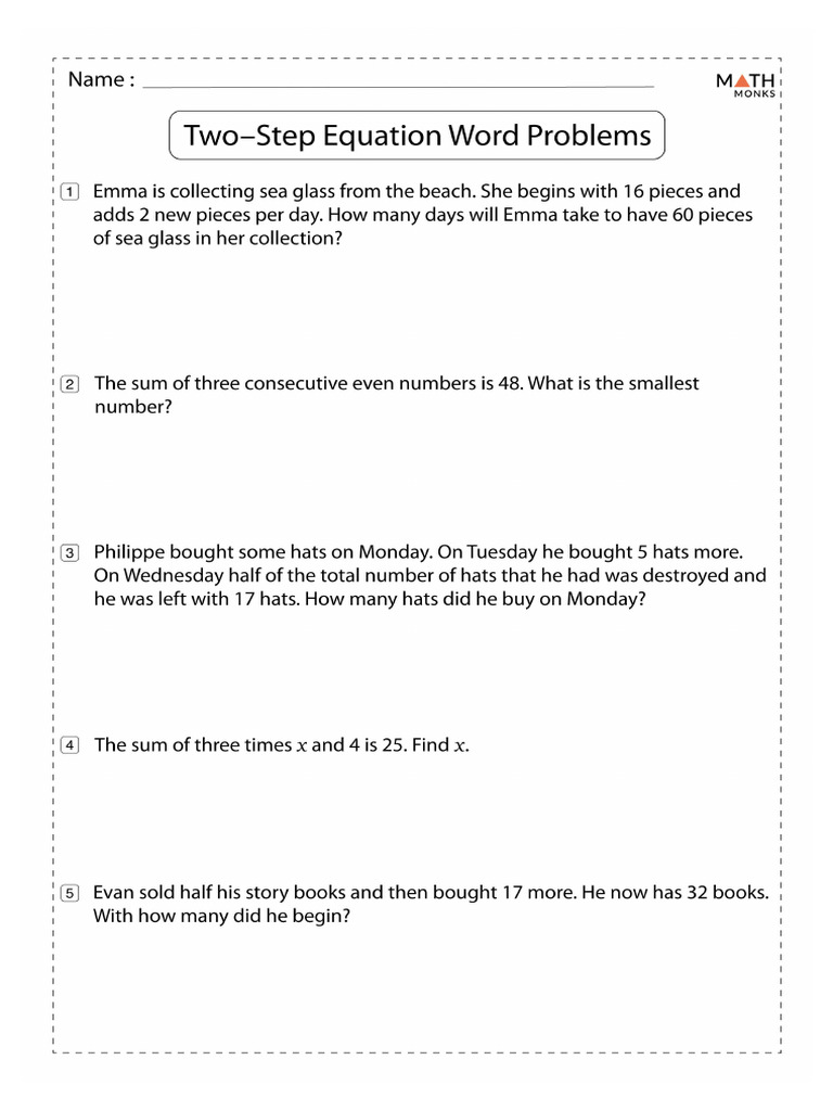 2 Step Equations Word Problems Worksheets With Answers | PDF