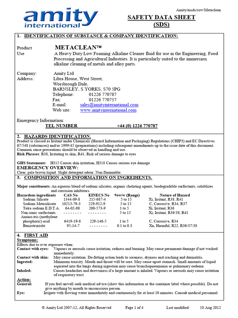 Metaclean Safety Data Sheet | PDF | Workplace | Working Conditions