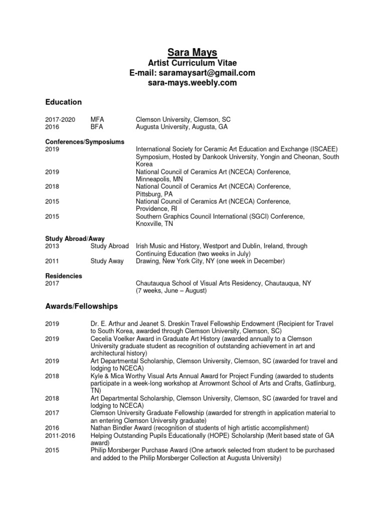 Sara Mays Artist Cv Resume 2024 PDF The Arts Decorative Arts