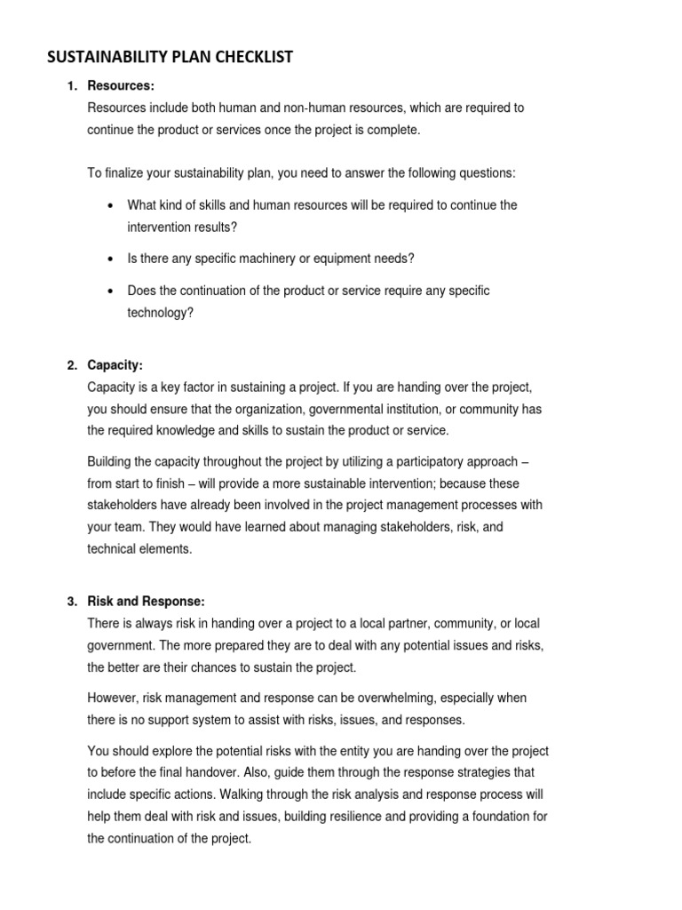 Sustainability Plan Checklist | PDF | Risk | Sustainability