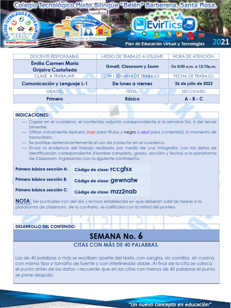 Semana No. 6.2 - 1° Basico - L1 - Miss Carmen María Grijalva | PDF ...