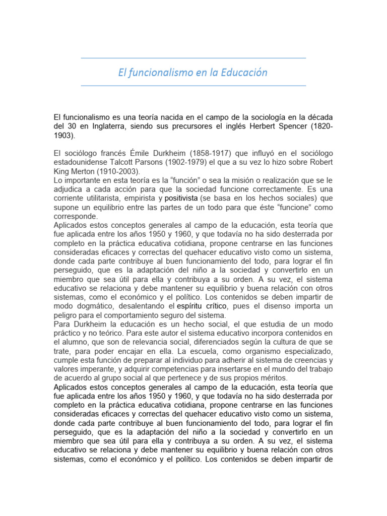 El Funcionalismo en La Educación PDF Sociología Epistemología de la ciencia
