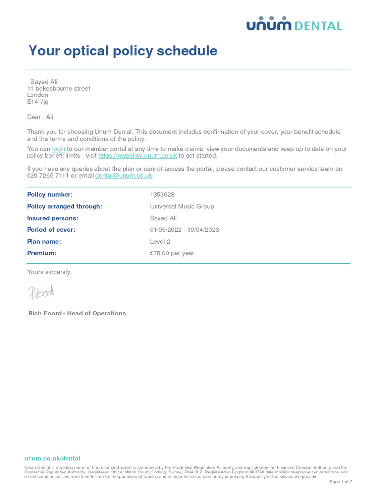 Unum Dental Policy Schedule PDF