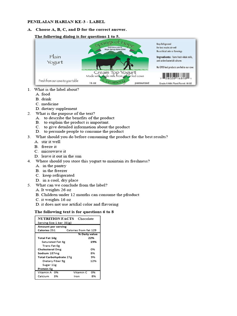 Daily Assessment: Product Label Quiz | PDF | Fat | Food And Drink