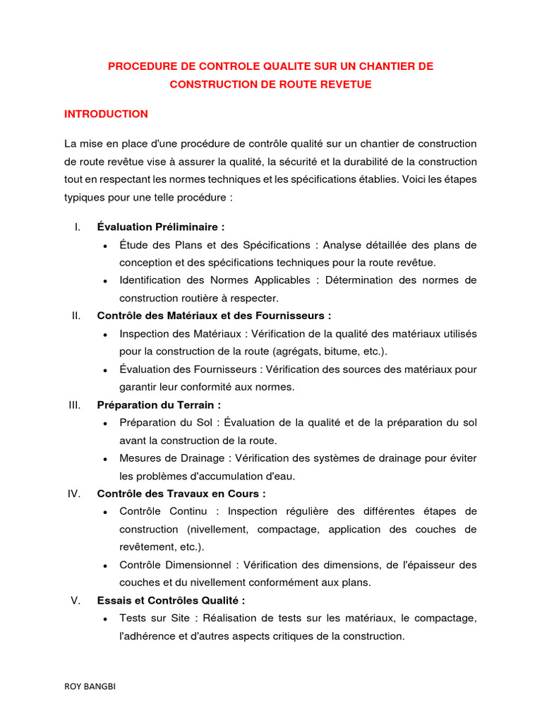 Procédure de Contrôle Qualité Route | PDF | Route