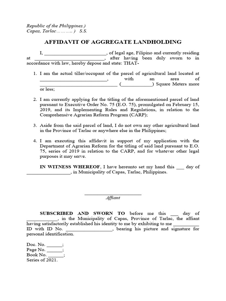 Affidavit of Aggregate Landholding Sample | PDF | Affidavit | Legal ...