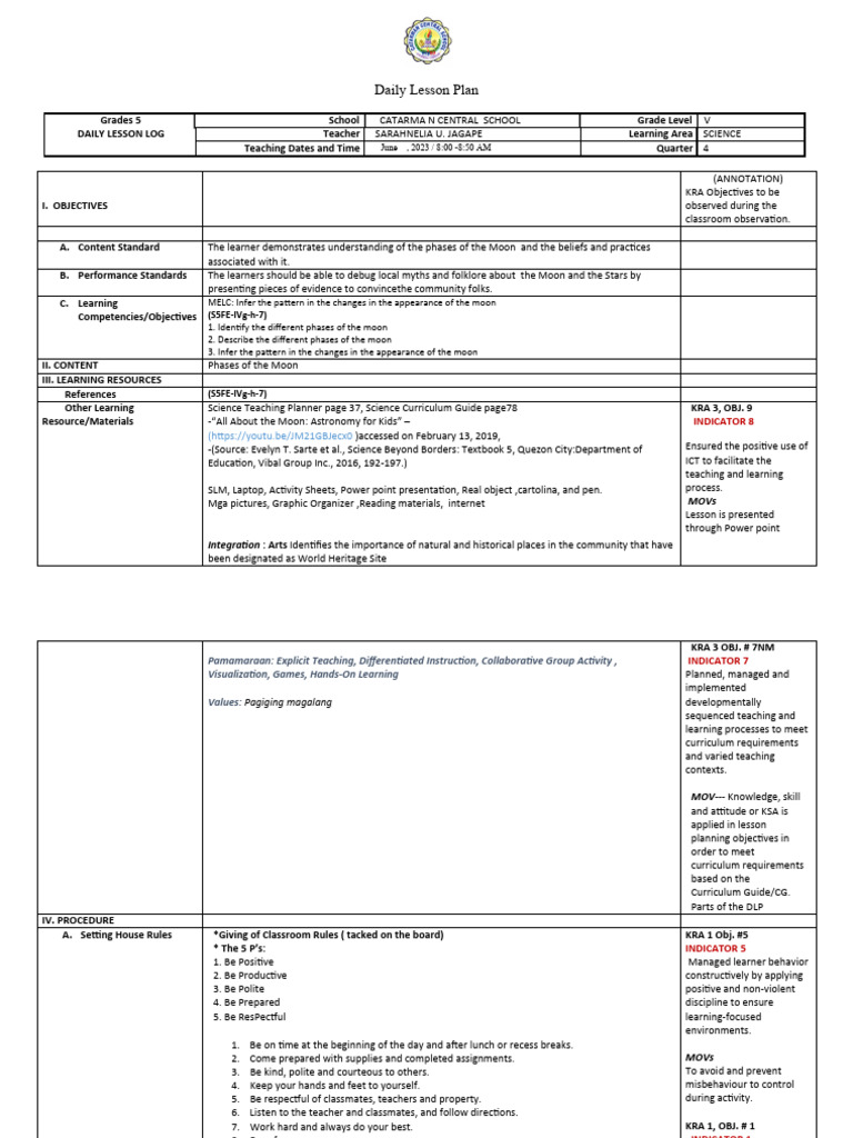 Grade 5 Moon Phases Lesson Plan | PDF | Tropical Cyclones | Learning