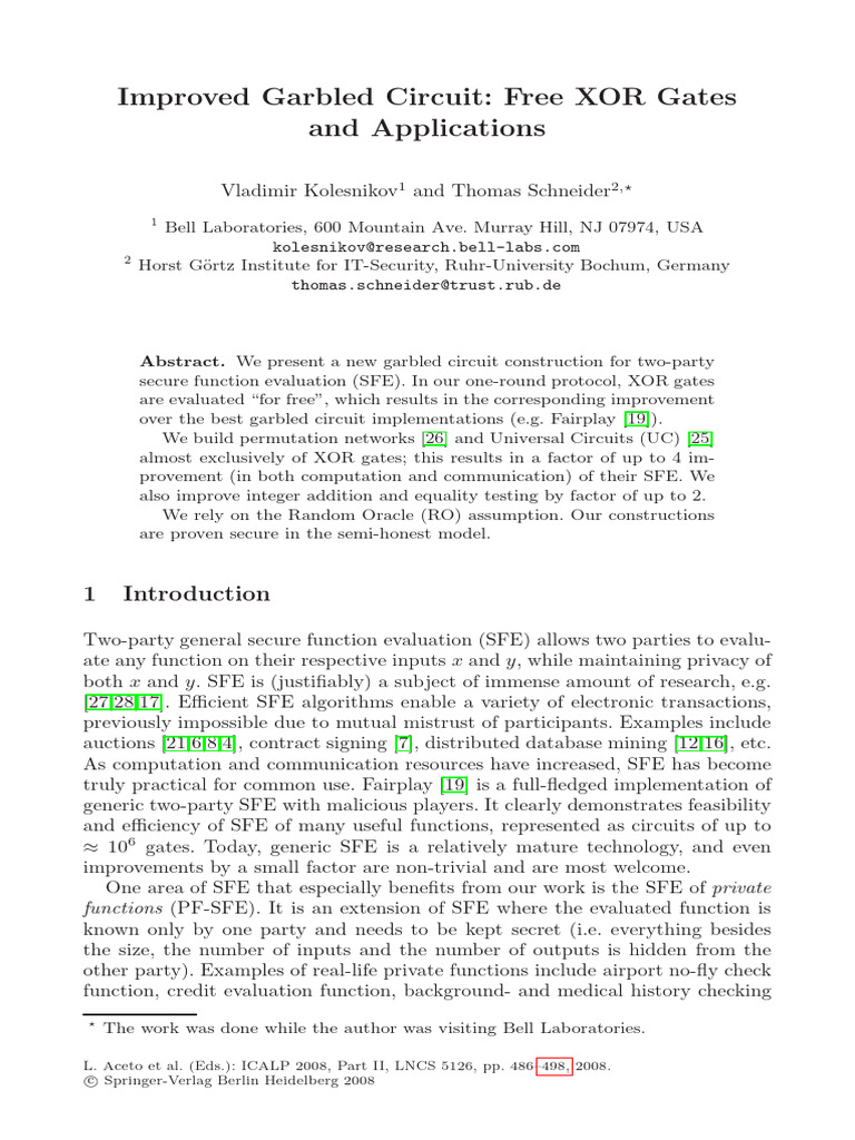 Improved Garbled Circuit: Free Xor Gates And Applications – VUXF