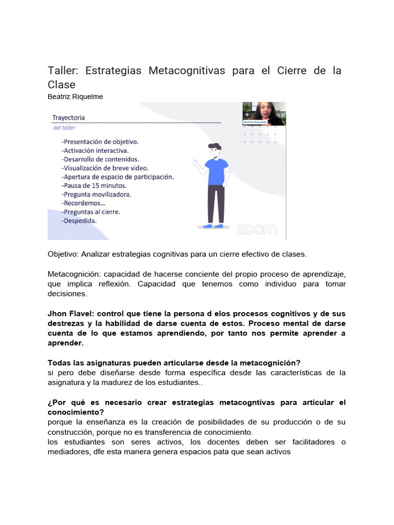 Taller - Estrategias Metacognitivas para El Cierre de La Clase | PDF ...