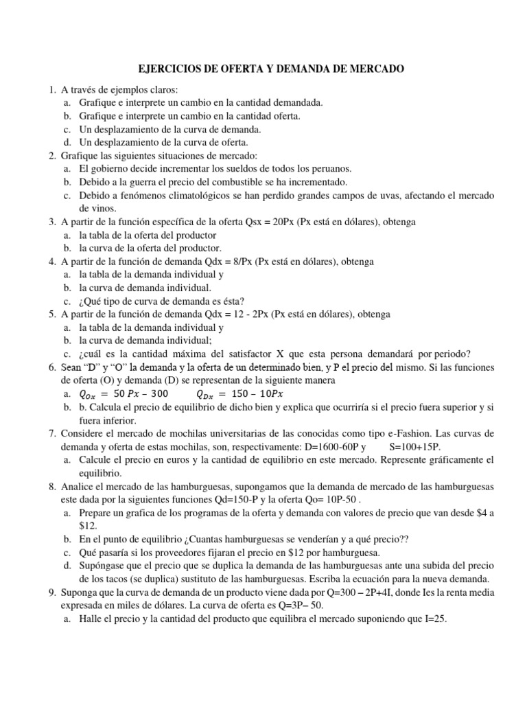 Semana 02 y 03 Ejercicios de Equilibrio de Mercado | PDF | Oferta ...