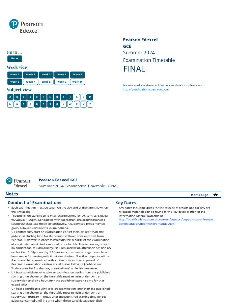 Pearson Edexcel GCE Final Examination Timetable Summer 2024 PDF