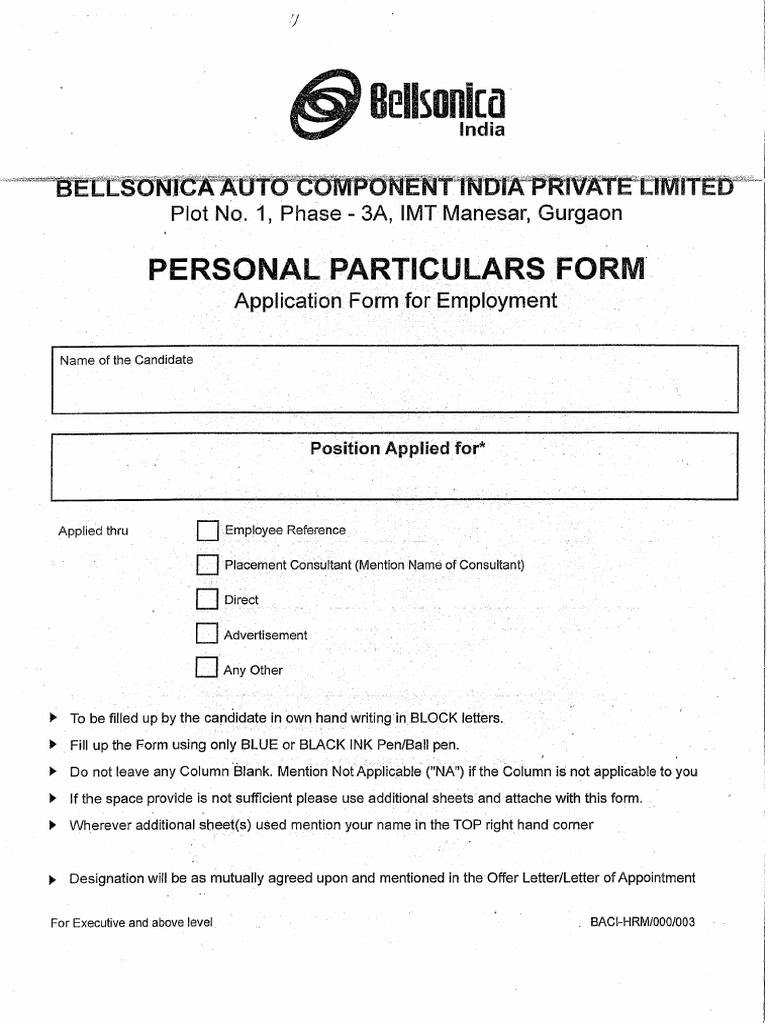 Personal Particular Form BACI PDF