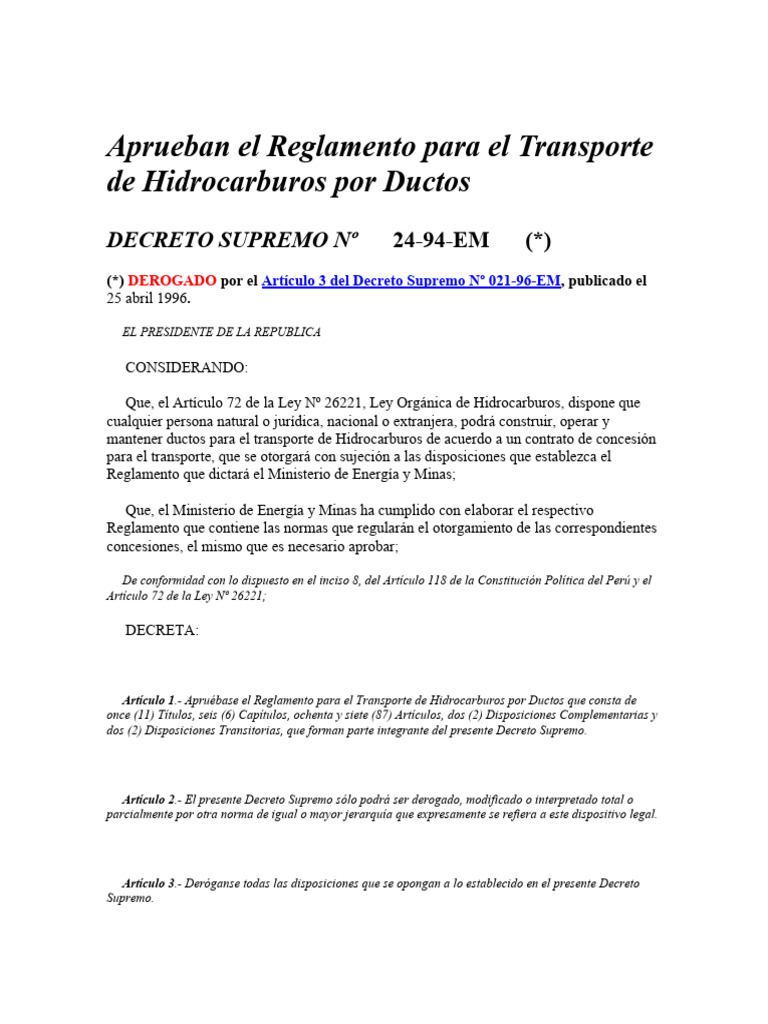 Reglamento Transporte Hidrocarburos Ductos | PDF | Petróleo | Seguro