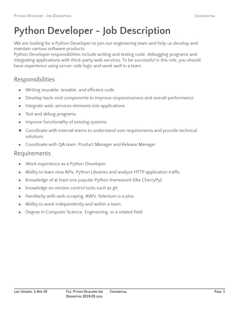 Python Developer Job Description | PDF