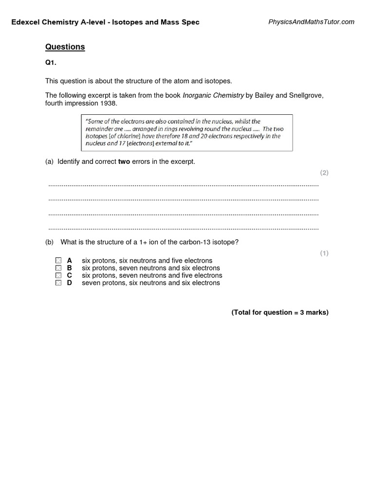 A-Level Chemistry: Isotopes & Mass Spec Questions | PDF | Isotope ...