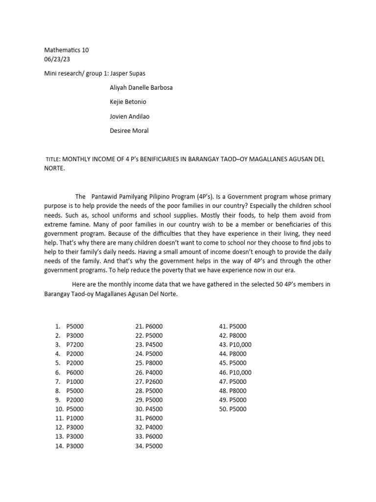 Monthly Income Analysis of 4P's Beneficiaries | PDF