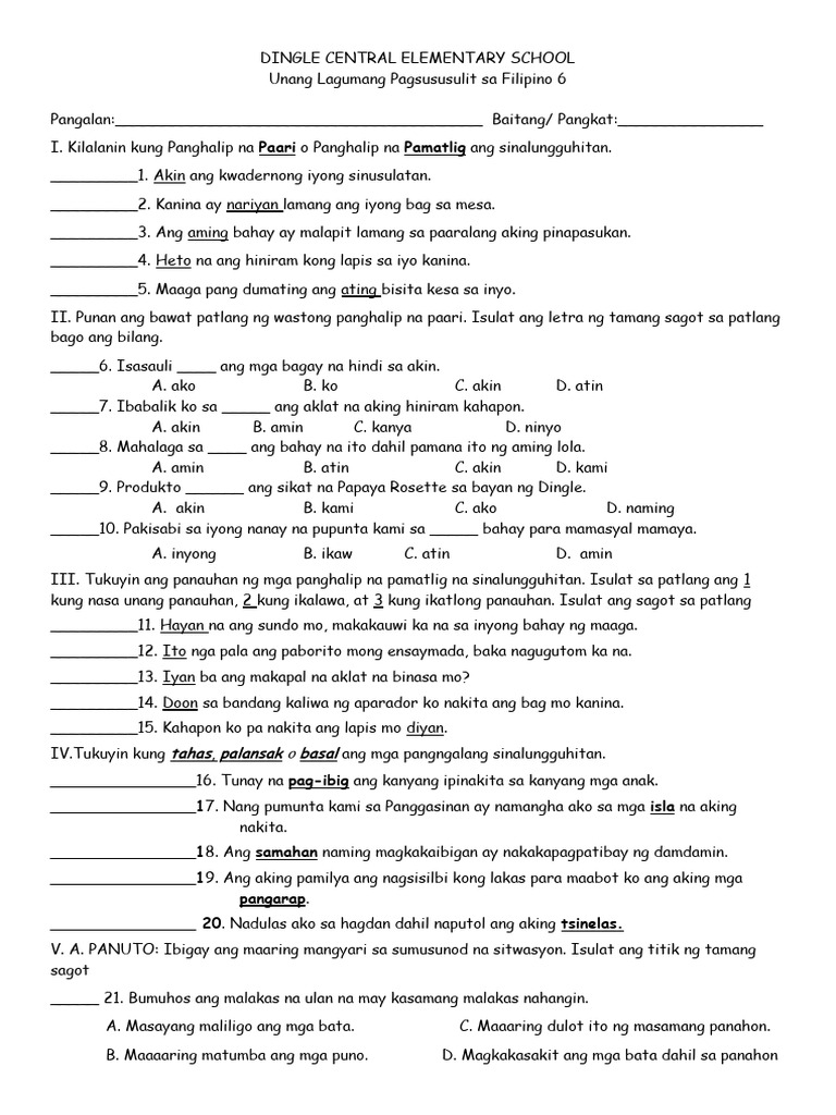 Filipino 6 Q1 1st Summative Test | PDF
