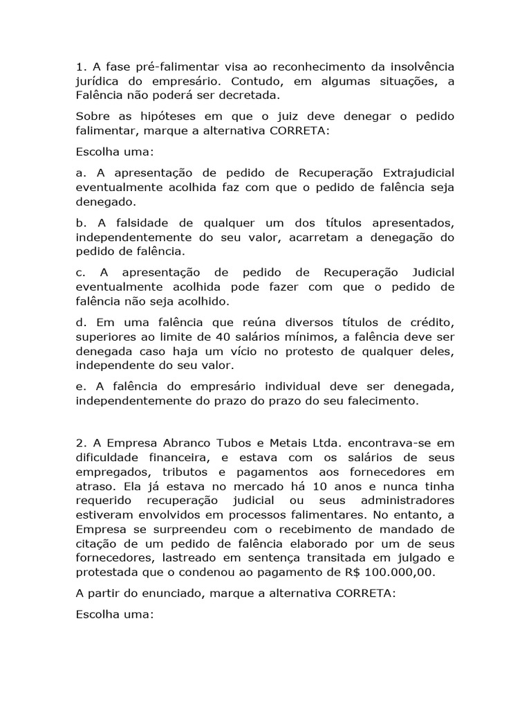 Hipóteses e Efeitos da Falência Empresarial | PDF | Falência | Crédito
