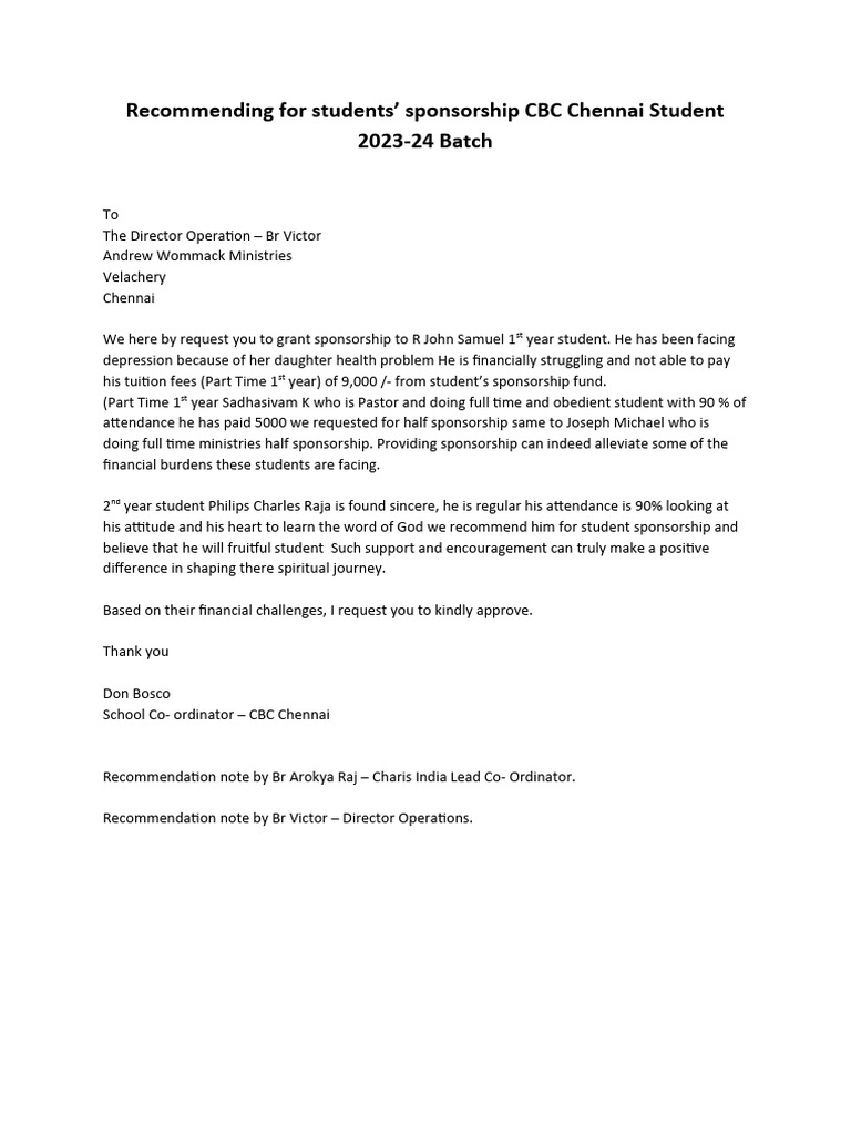 Student Sponsorship Request for CBC Chennai | PDF