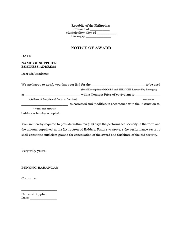 Barangay Notice of Award Template | PDF | Business | Finance & Money ...