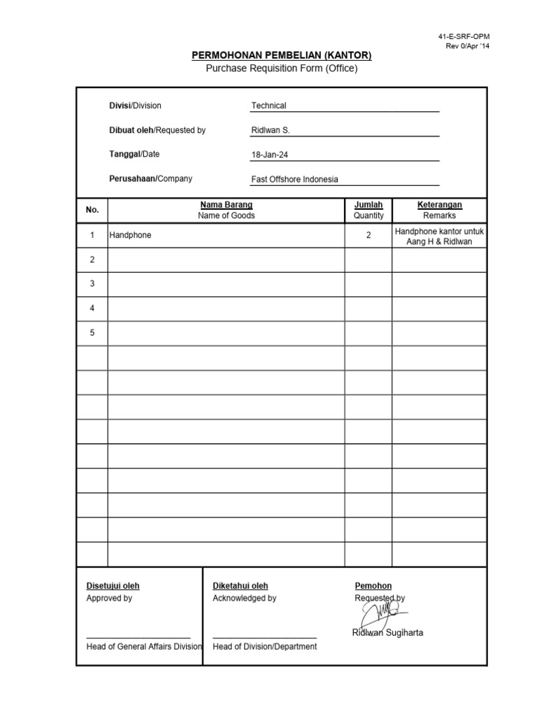 Purchase Requisition Form Office Pdf