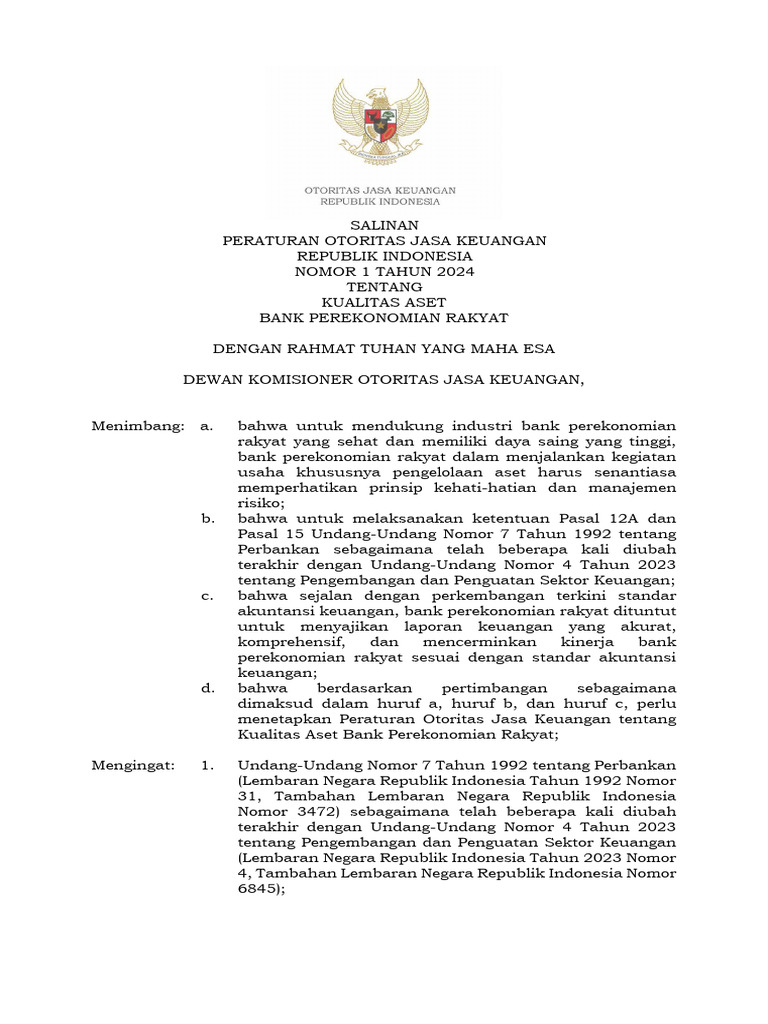 POJK Nomor 1 Tahun 2024 - Kualitas Aset BPR | PDF