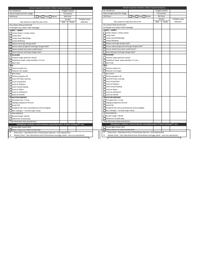 Checklist Inspeksi Kendaraan Lengkap | PDF