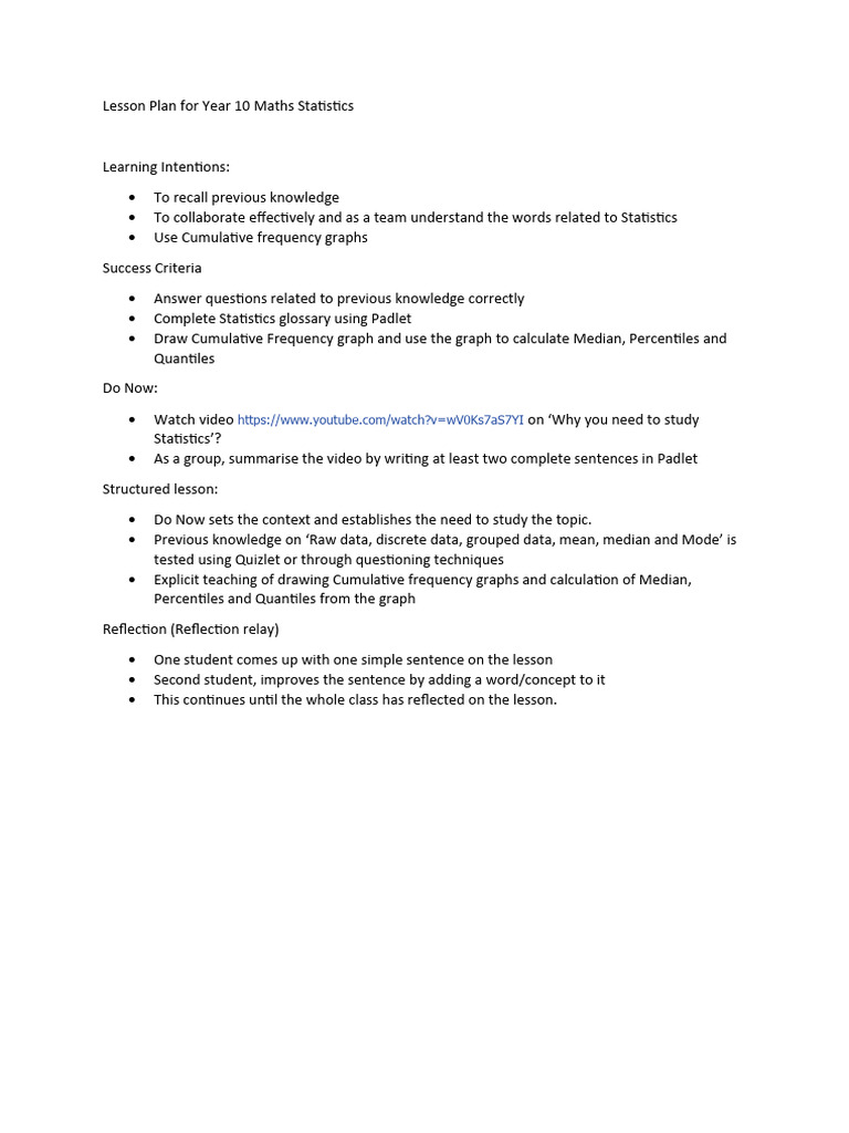 Lesson plan for year 10 maths statistics pdf