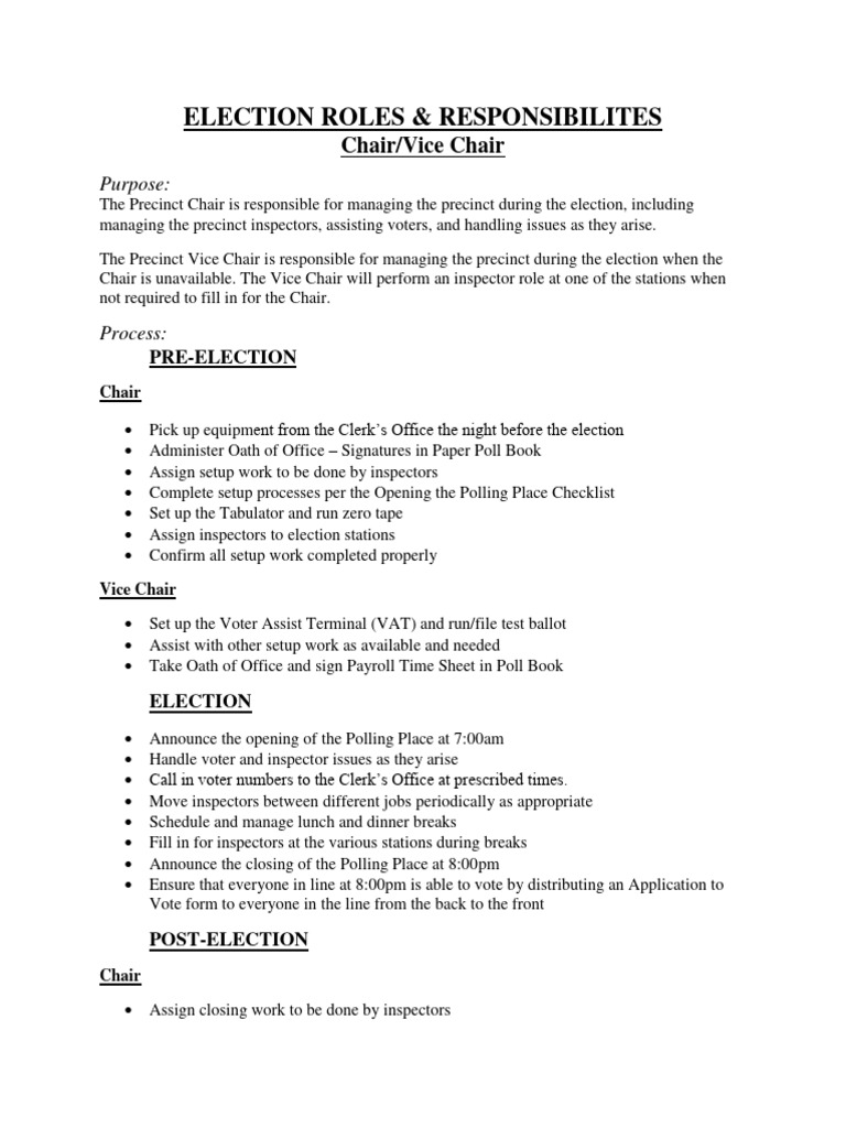 Chair- Vice Roles and Resp | PDF | Elections | Political Events